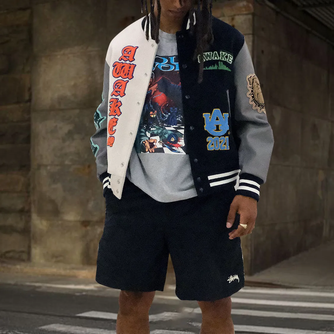 Casual asymmetrical shar pei baseball jacket