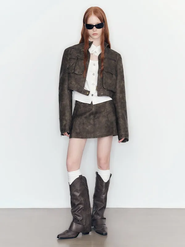 Functional Pocket Short PU Leather Jacket