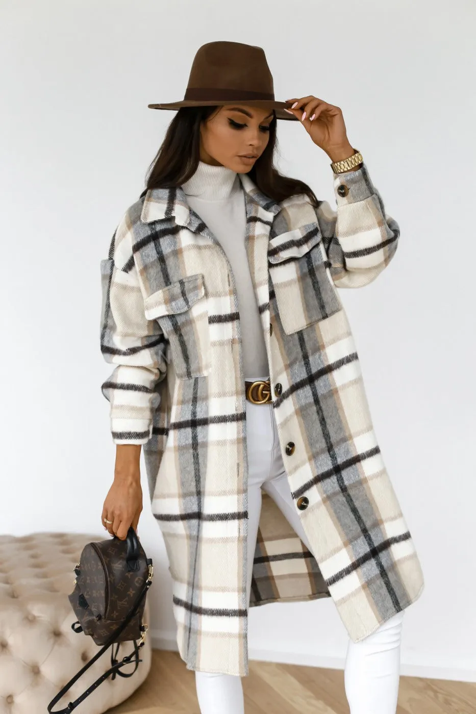 Lapel Casual Warm Plaid Long Woolen Coat- Glamzlife