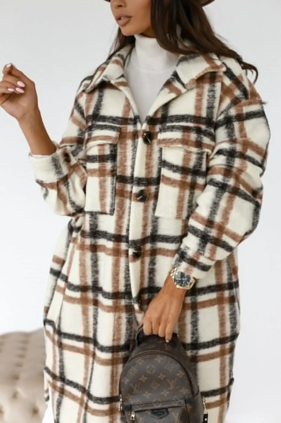 Lapel Casual Warm Plaid Long Woolen Coat- Glamzlife