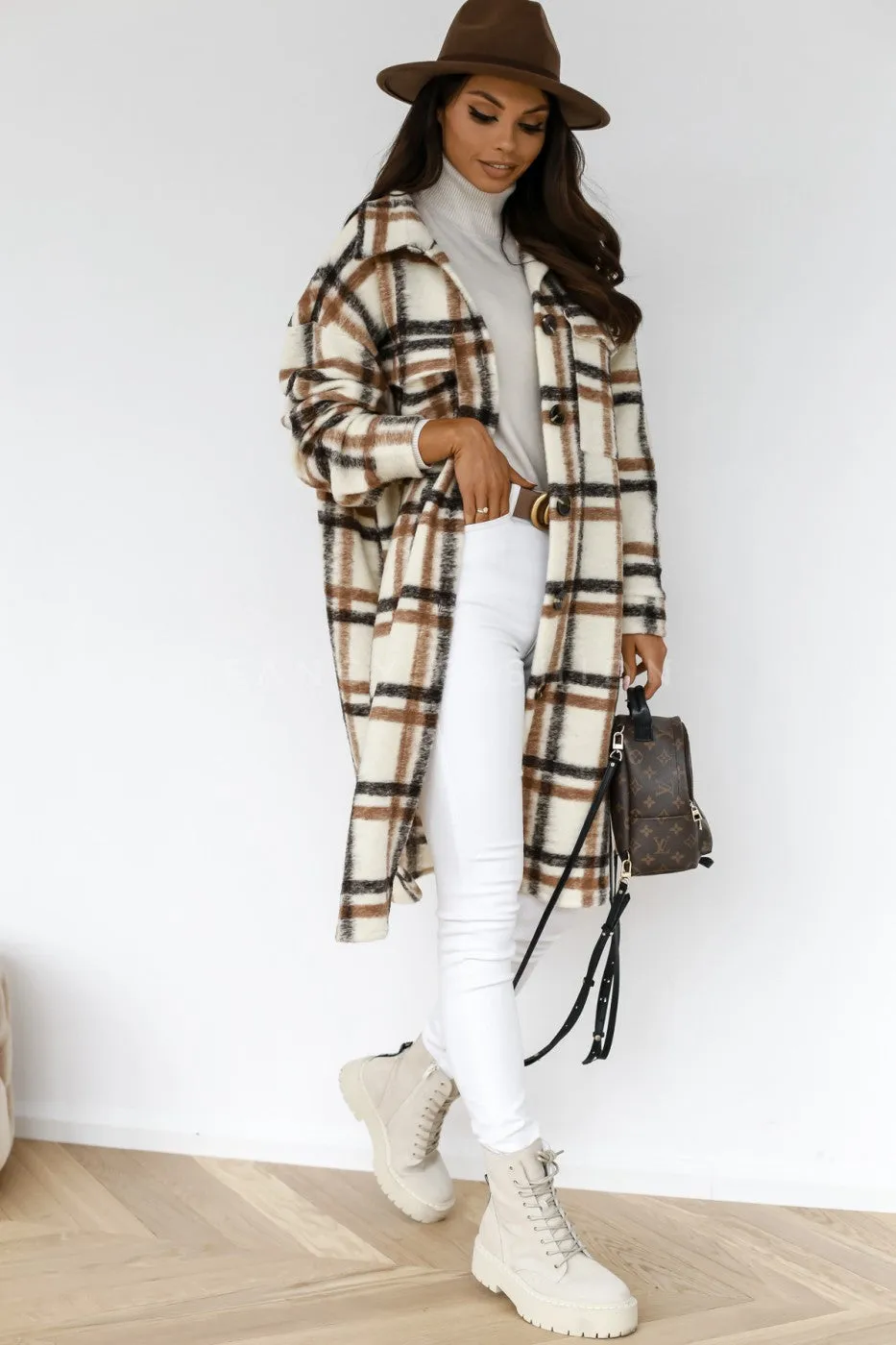 Lapel Casual Warm Plaid Long Woolen Coat- Glamzlife