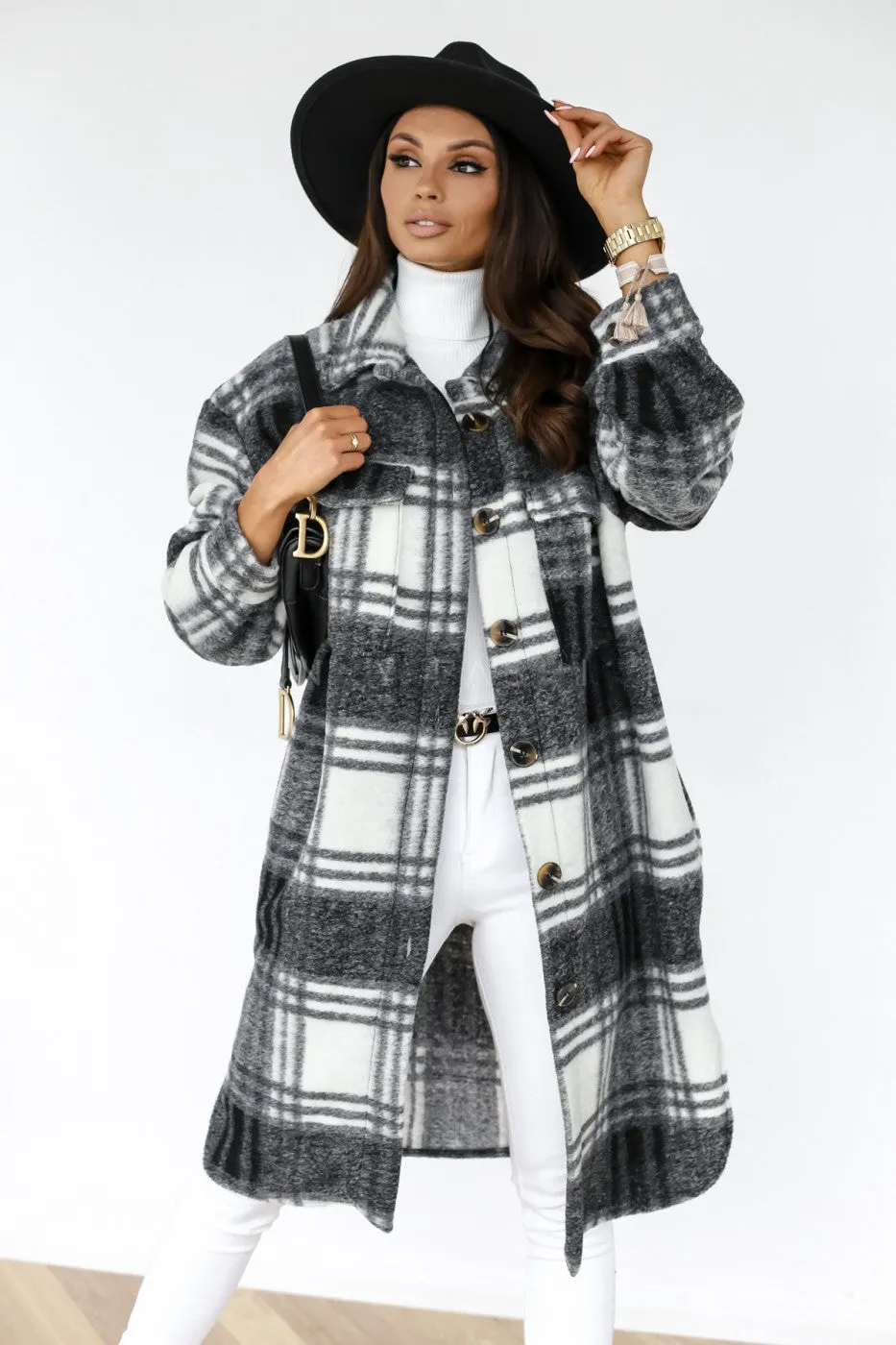 Lapel Casual Warm Plaid Long Woolen Coat- Glamzlife