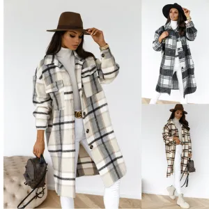 Lapel Casual Warm Plaid Long Woolen Coat- Glamzlife