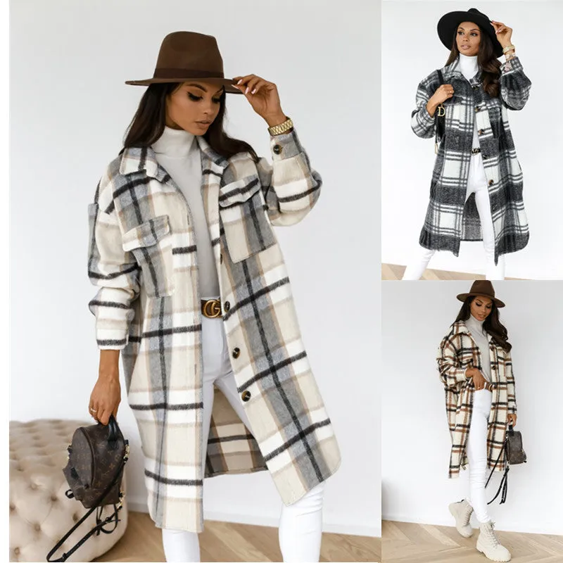 Lapel Casual Warm Plaid Long Woolen Coat- Glamzlife