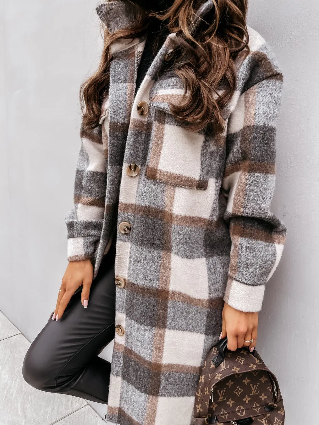 Lapel Casual Warm Plaid Long Woolen Coat- Glamzlife