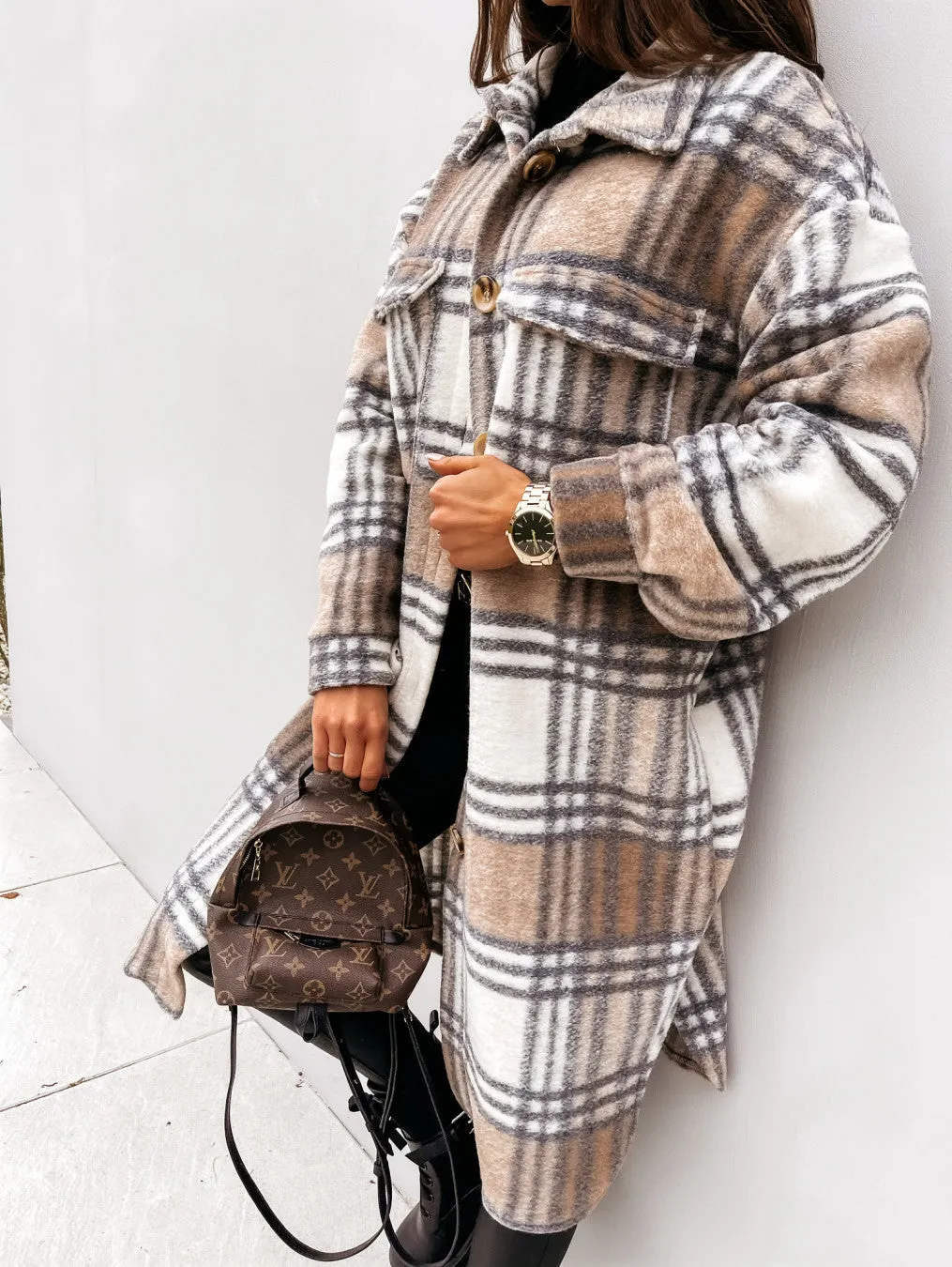 Lapel Casual Warm Plaid Long Woolen Coat- Glamzlife