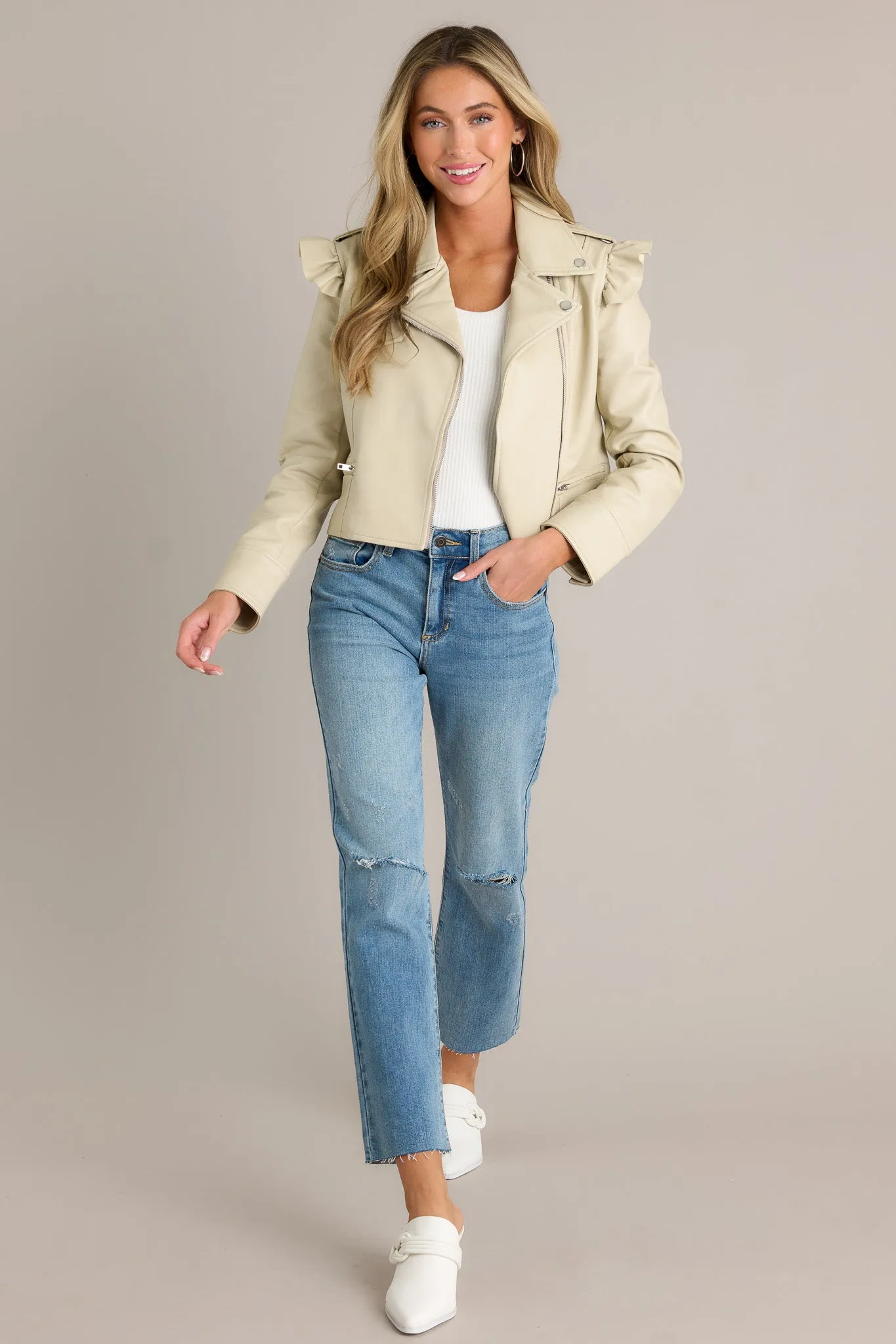 The Whole Time Ecru Beige Faux Leather Jacket