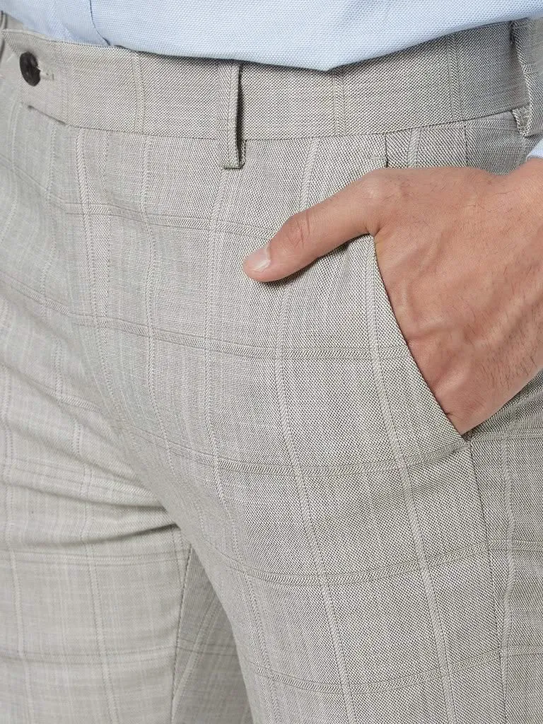 WES Formals Beige Check Ultra-Slim Fit Trousers
