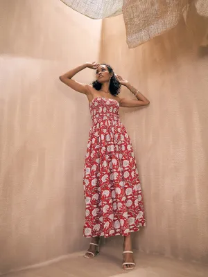 Women Red Floral Smocked Bust Tube Maxi